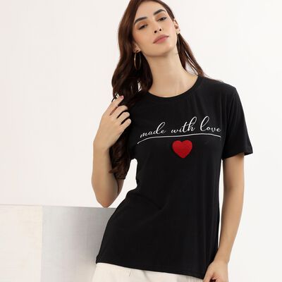 Women's Jet Black Cotton Round Neck Casual T-Shirt