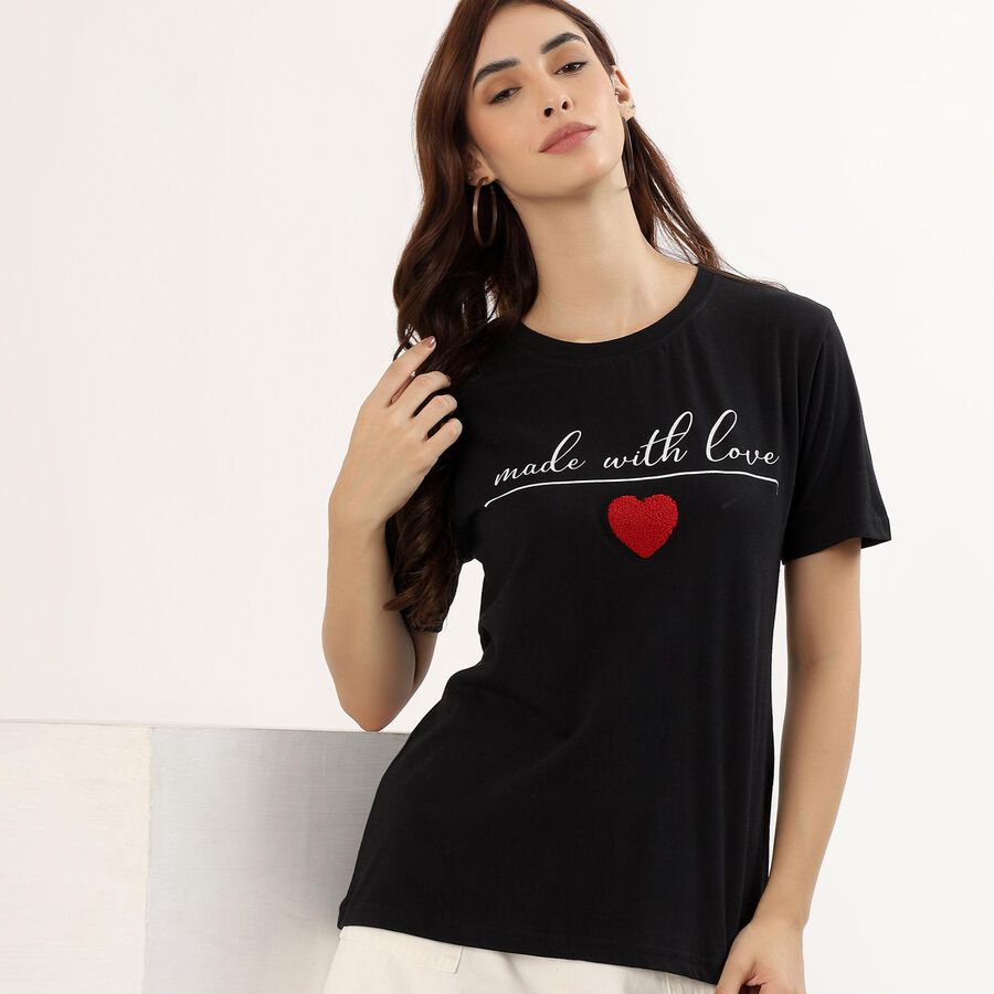 Women's Jet Black Cotton Round Neck Casual T-Shirt, काला, large image number null