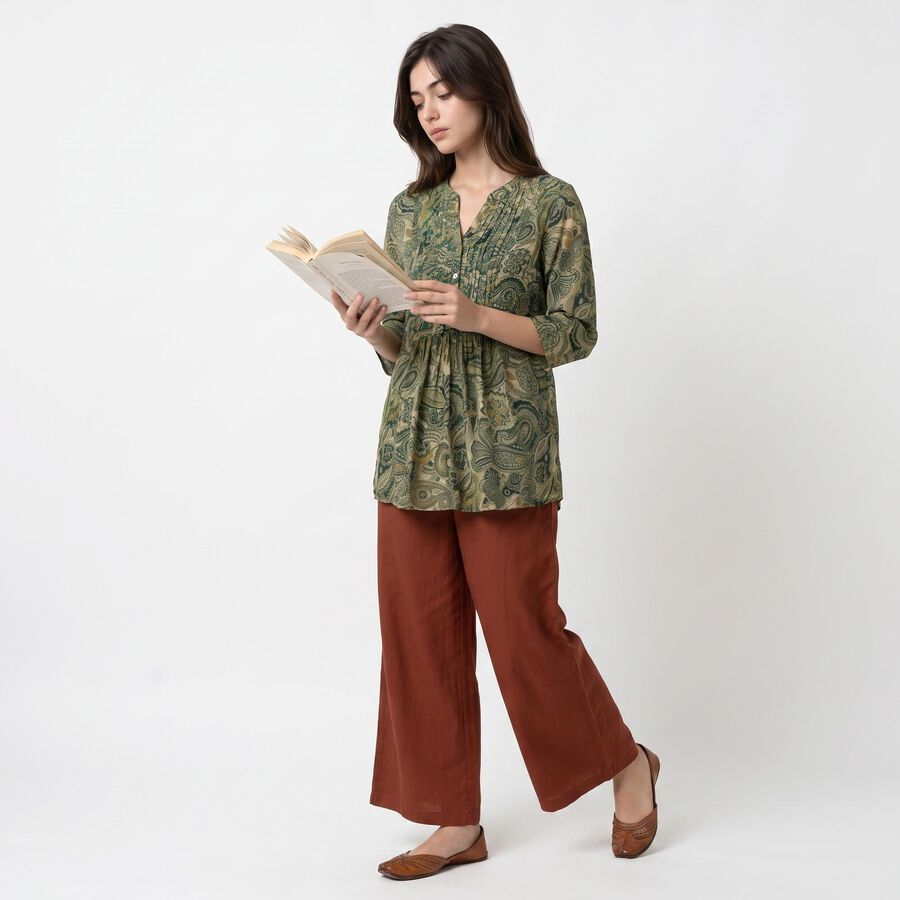 Women's Olive Green V-Neck Printed Kurti, गहरा हरा, large