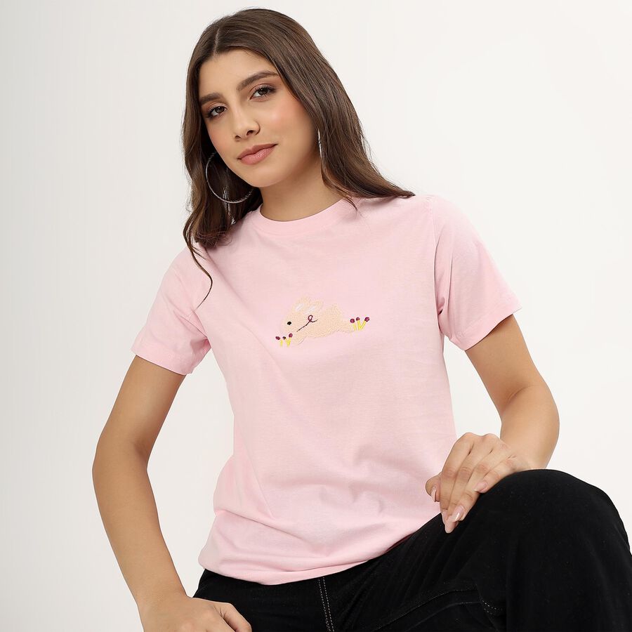 Ladies' 100% Cotton Round Neck T-Shirt , Pink, large image number null