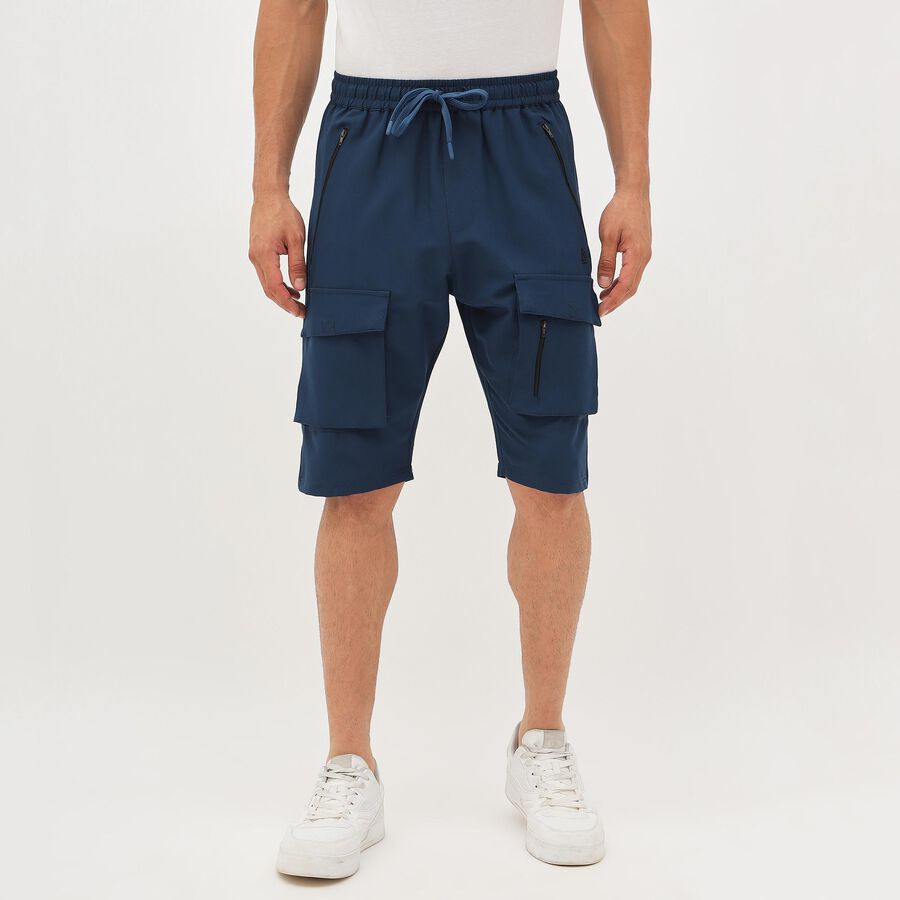 Men's Navy Blue Cargo Style Elastic Waist Jamaican Shorts, Mid Blue, large image number null