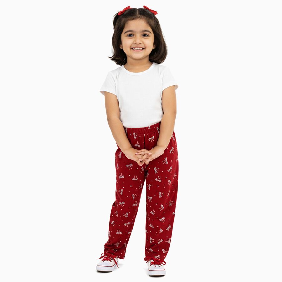 Girls' Deep Red Dragonfly Print Cotton Blend Pyjama, वाइन, large image number null