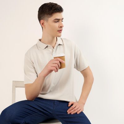Men's Off-White Polo Neck Textured T-Shirt