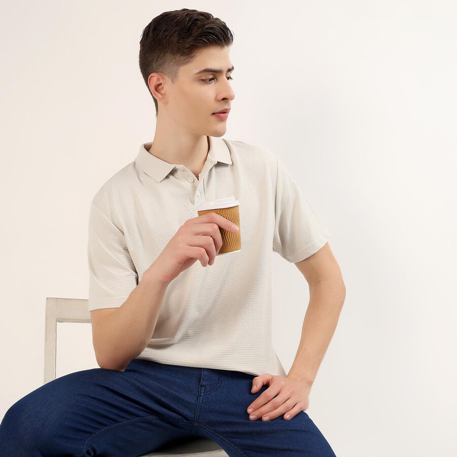 Men's Off-White Polo Neck Textured T-Shirt, Off White, large