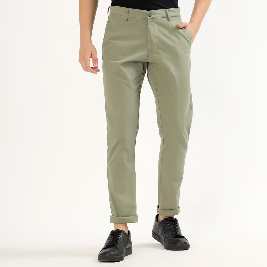 Men's Muted Sage Green Slim Fit Flat-Front Casual Trousers, Light Green, large