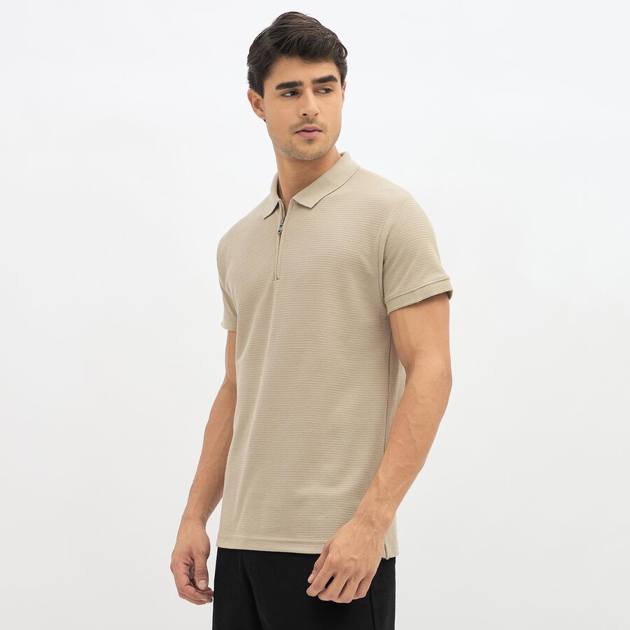 Men's Muted Beige Polo Neck Casual T-Shirt, Beige, large