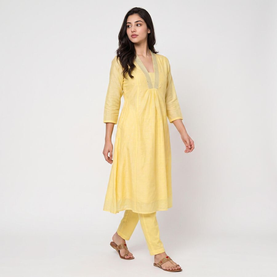 Women's Yellow V-Neck Embellished Kurta, Yellow, large