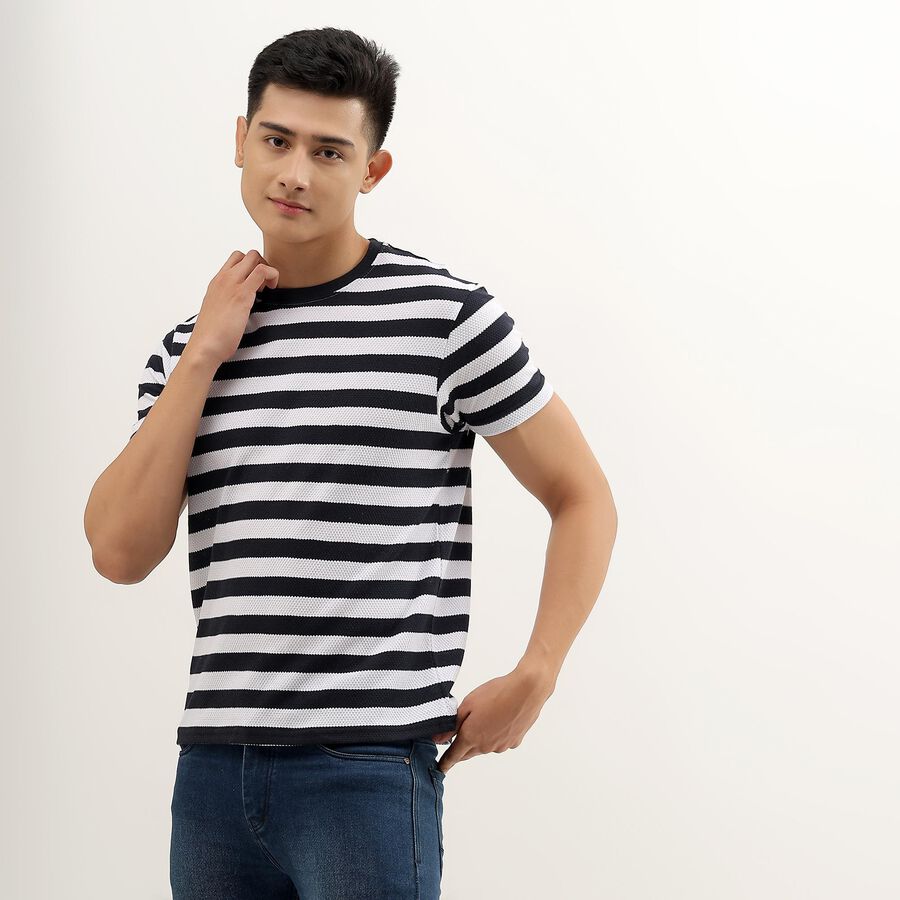 Men's Navy and White Round Neck Striped T-Shirt, Navy Blue, large image number null