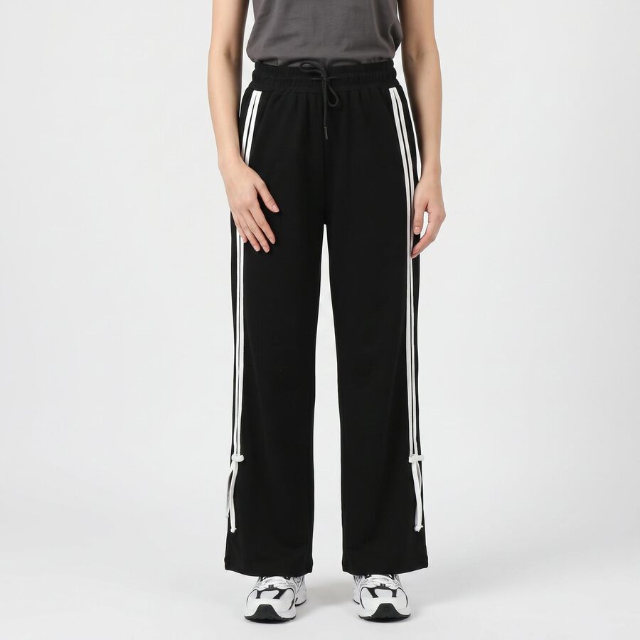 Women's Black Straight Fit Side-Striped Track Pants, Black, large
