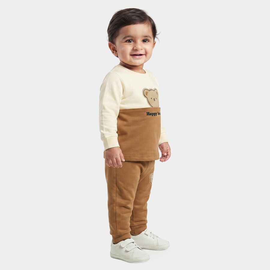 Infants' Beige 100% Cotton Round Neck Graphic Print Baba Suit, Beige, large