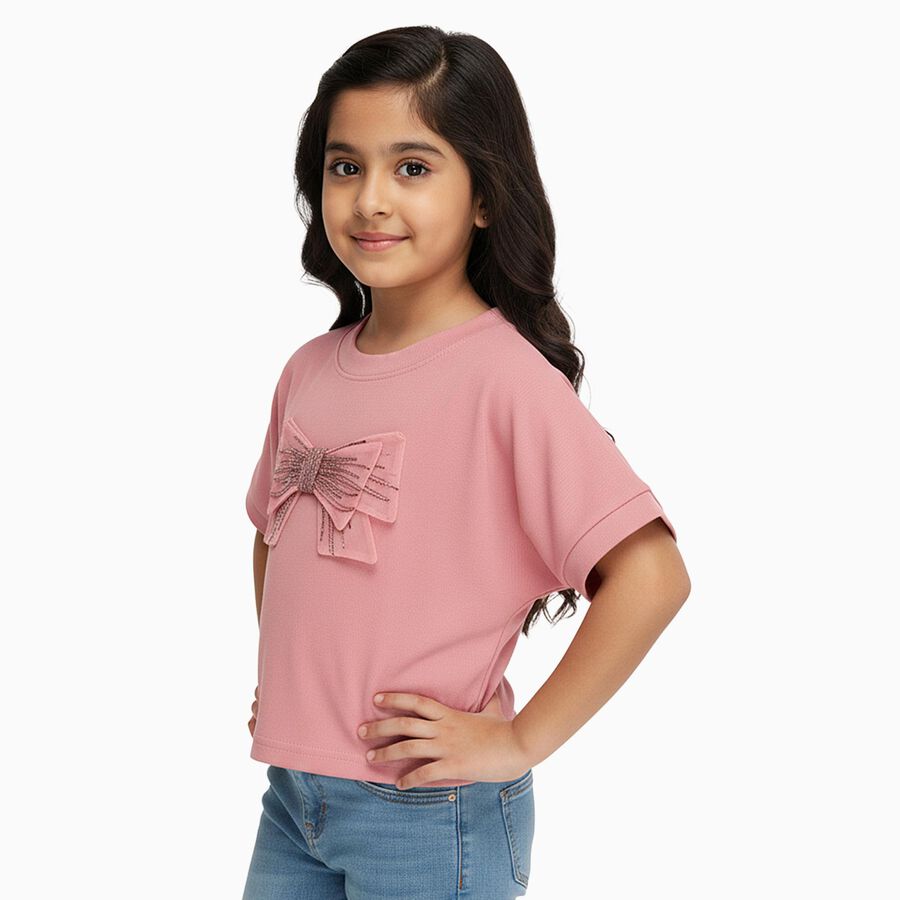 Girls Bright Pink Round Neck Casual T-Shirt, Pink, large