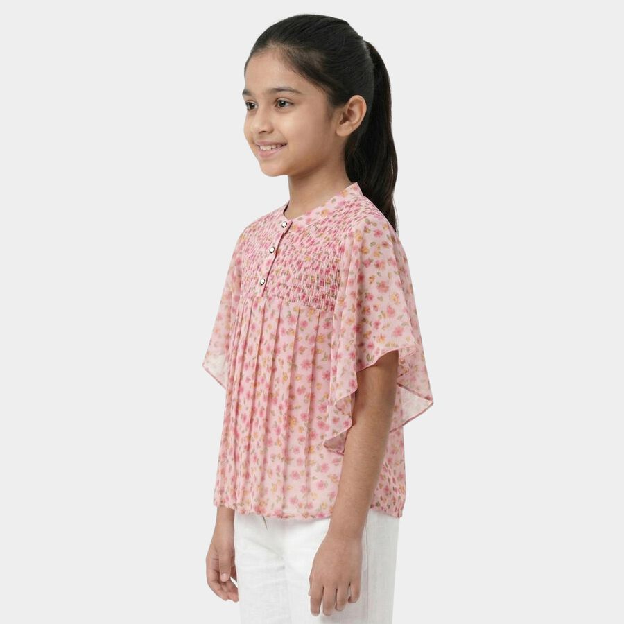 Girls Pink Smocked Neckline Casual T-Shirt, Pink, large