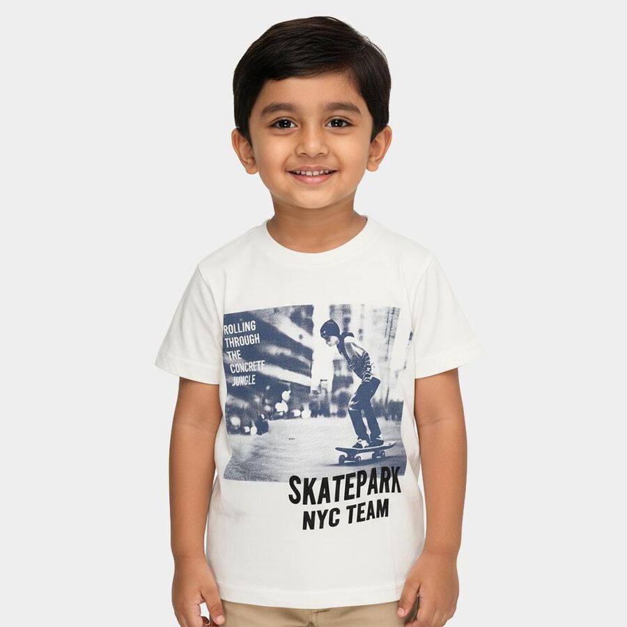 Boys White Cotton Crew Neck Casual T-Shirt, Off White, large image number null