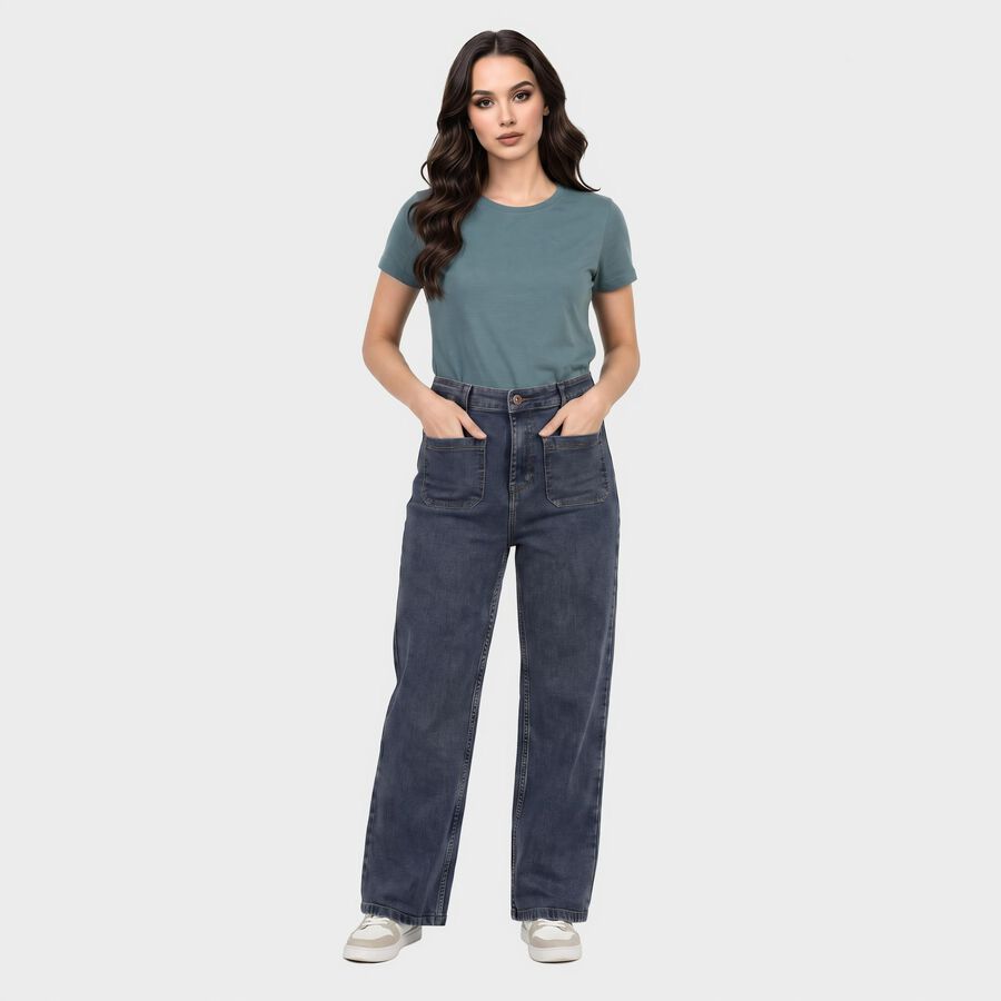 Women's Navy Blue Straight Fit Washed Jeans, हल्का नीला, large