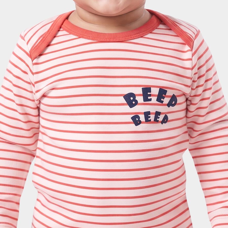 Infants' Coral 100% Cotton Round Neck Striped Baba Suit, Coral, large