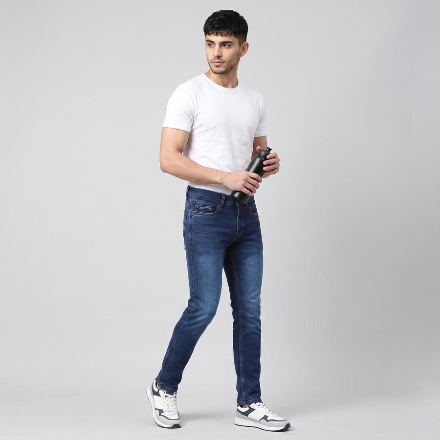 Men's Blue Slim Fit Faded Jeans, गहरा नीला, large