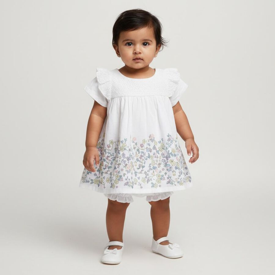 Infants' Bright White Floral Printed Cotton Frock, सफ़ेद, large image number null