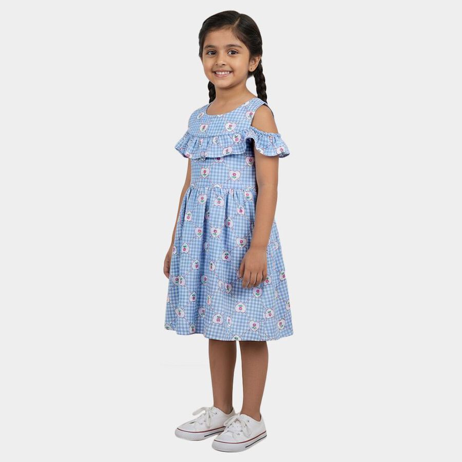 Girls' Light Blue Cotton Blend Sleeveless A-Line Frock, हल्का नीला, large