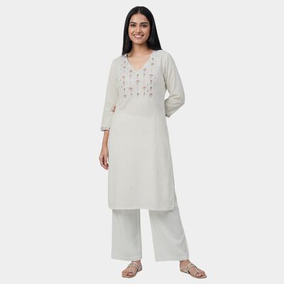 Women's White Round Neck Floral Printed Kurta