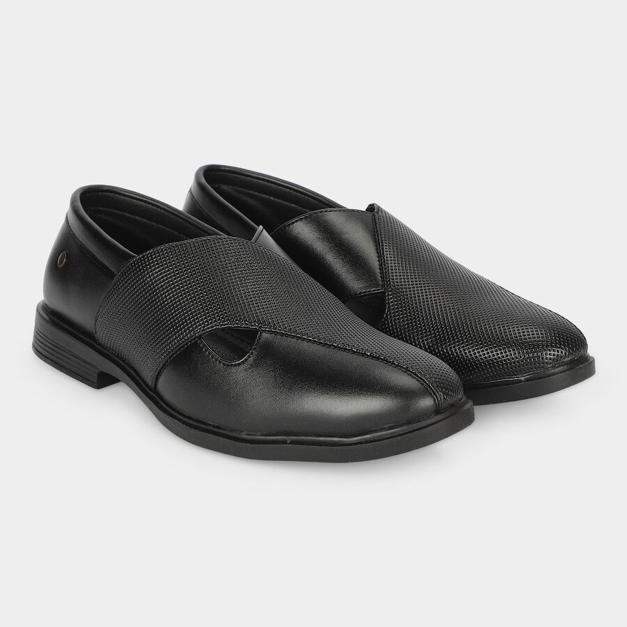Men's Black Slip-On Strappy Sandals, काला, large