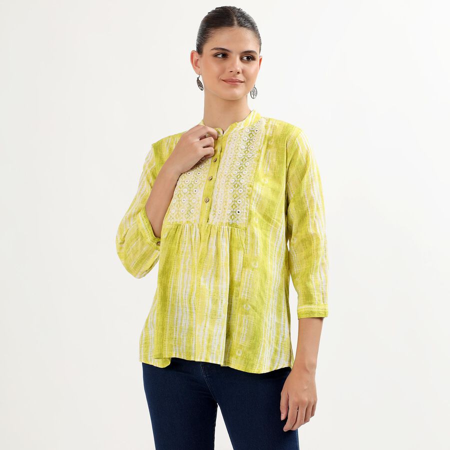 Women's Bright Lime Green Cotton Mandarin Collar Embroidered Kurti, हल्का हरा, large image number null