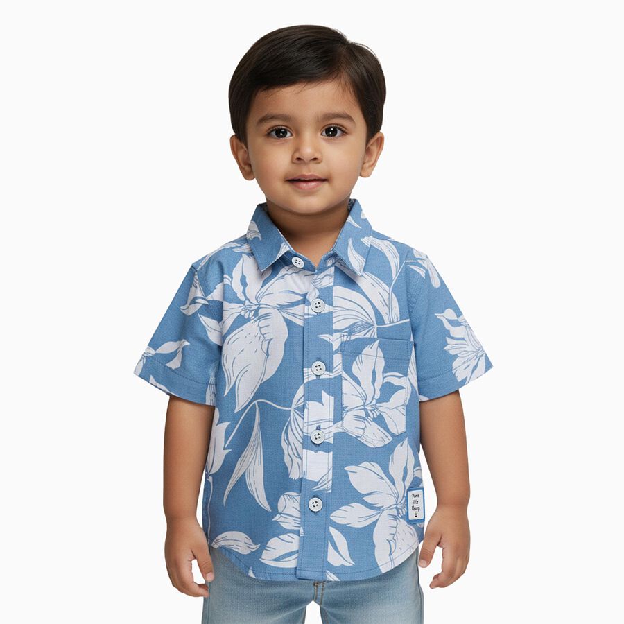 Infants Bright Sky Blue Cotton Half Sleeve Classic Casual Shirt, मध्यम नीला, large image number null