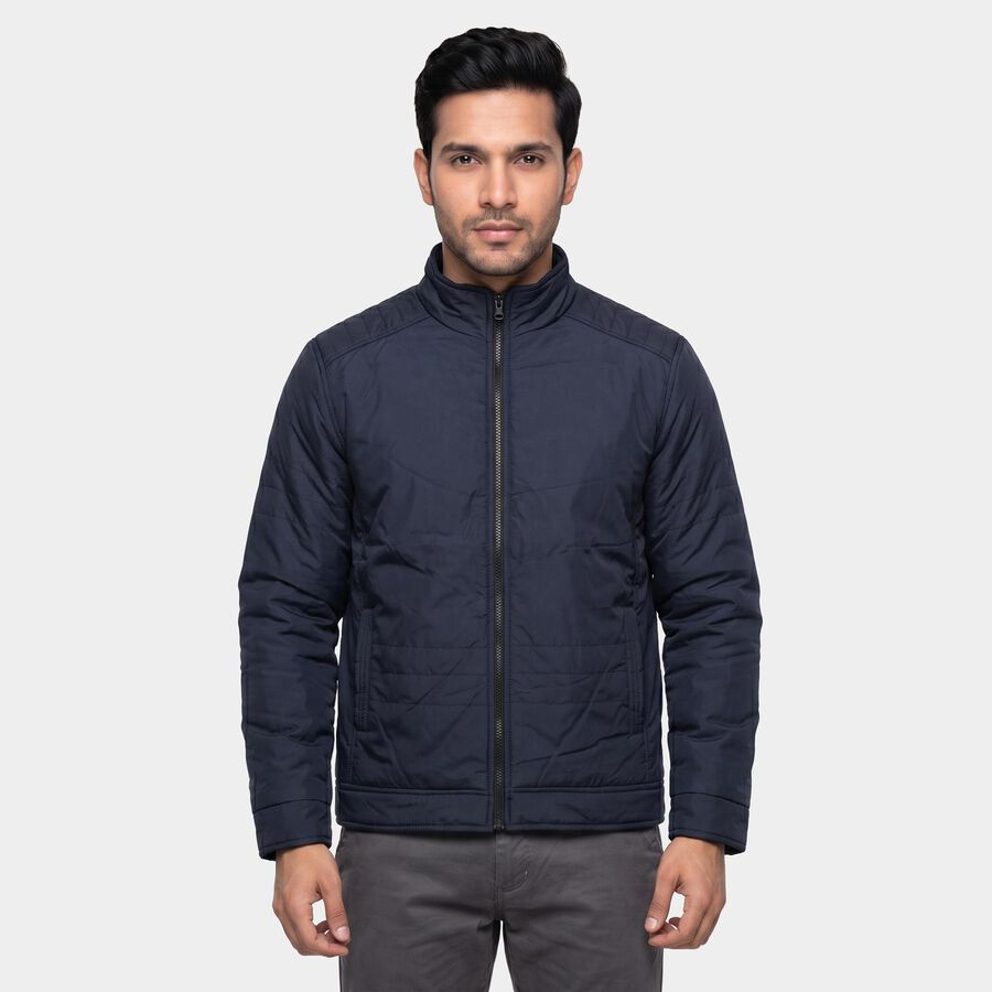 Men's Navy Blue Stand Collar Windbreaker Jacket, Navy Blue, large