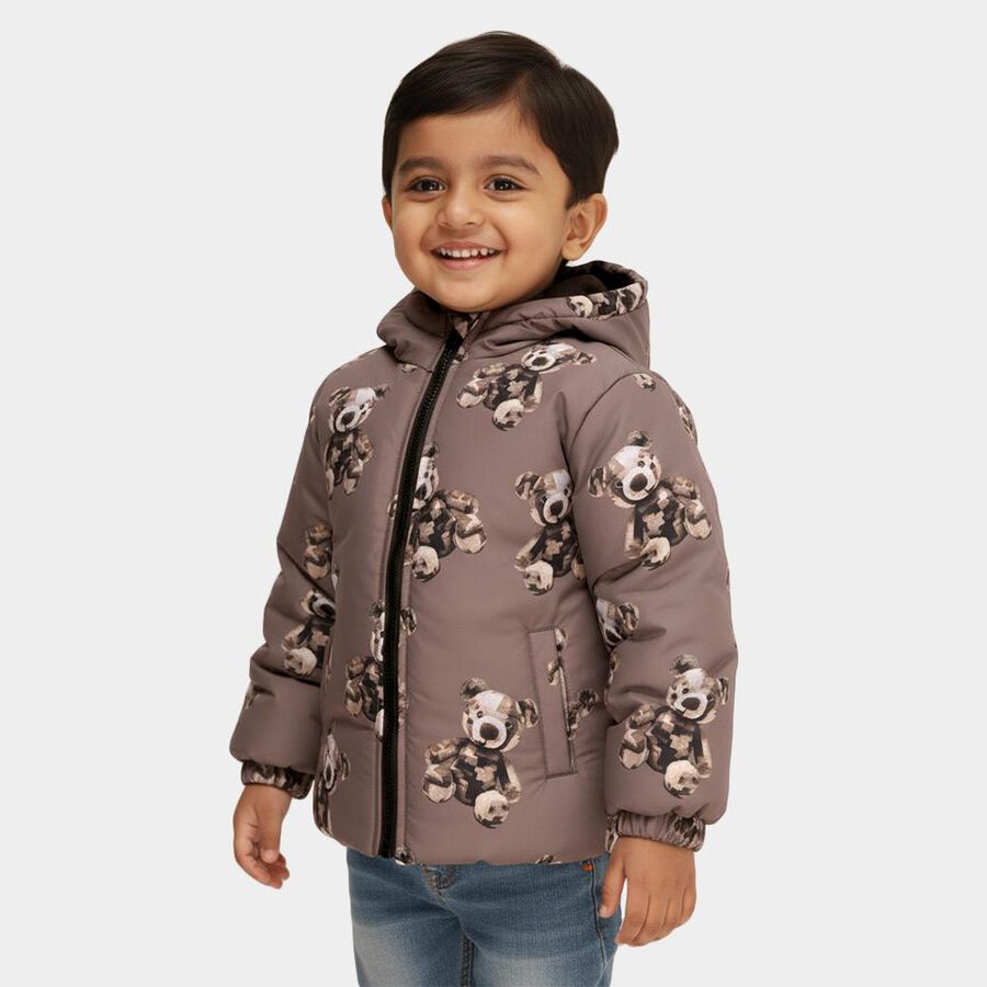 Boys Muted Brown Hooded Teddy Bear Printed Jacket, Brown, large image number null
