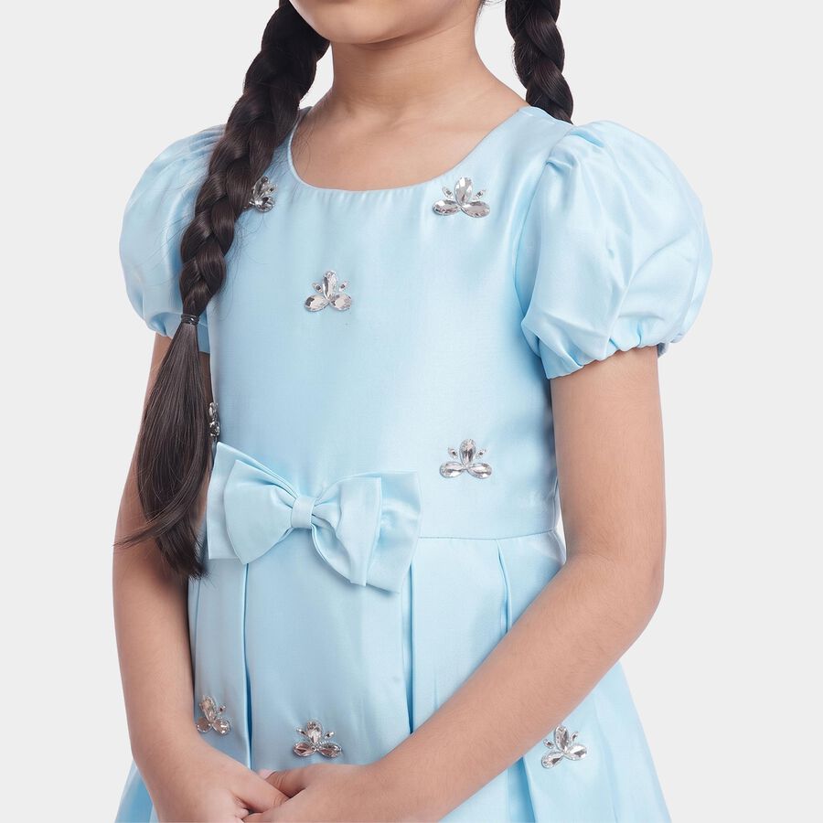 Girls' Aqua Fit and Flare Embellished Bow Detail Frock, एक्वा, large