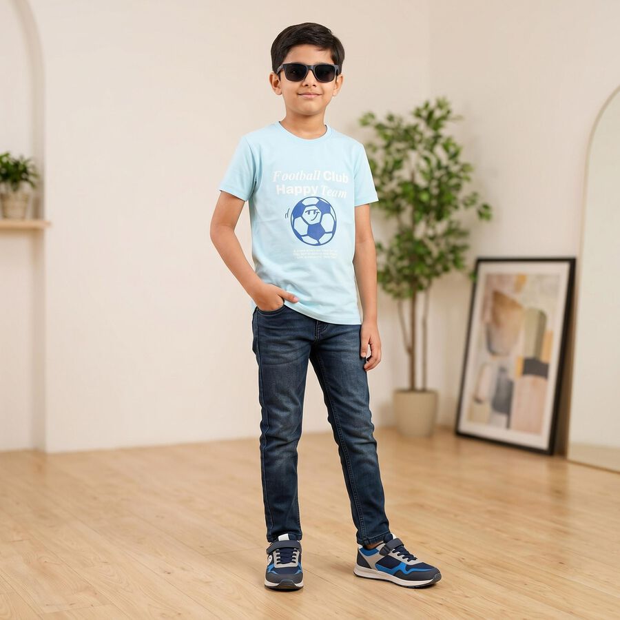Boys Light Blue Round Neck Graphic Print Regular T-Shirt, हल्का नीला, large