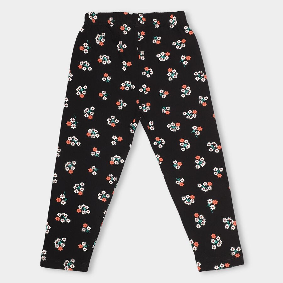 Girls' Jet Black Floral Printed Stretch Legging, काला, large image number null