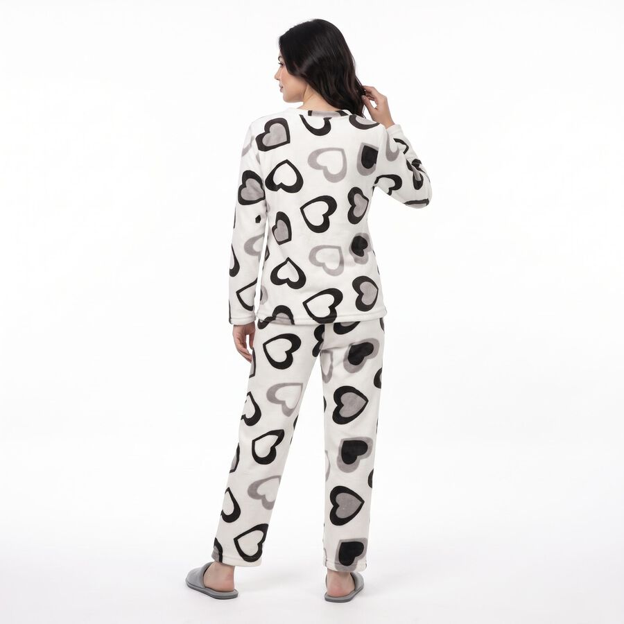 Women's White Heart Printed Relaxed Fit Pyjama Set , सफ़ेद, large