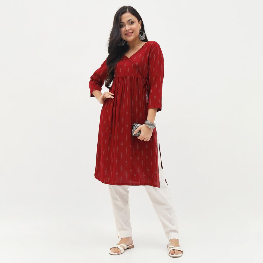 Women's Deep Maroon Wrap Neck Printed Kurta, Maroon, large