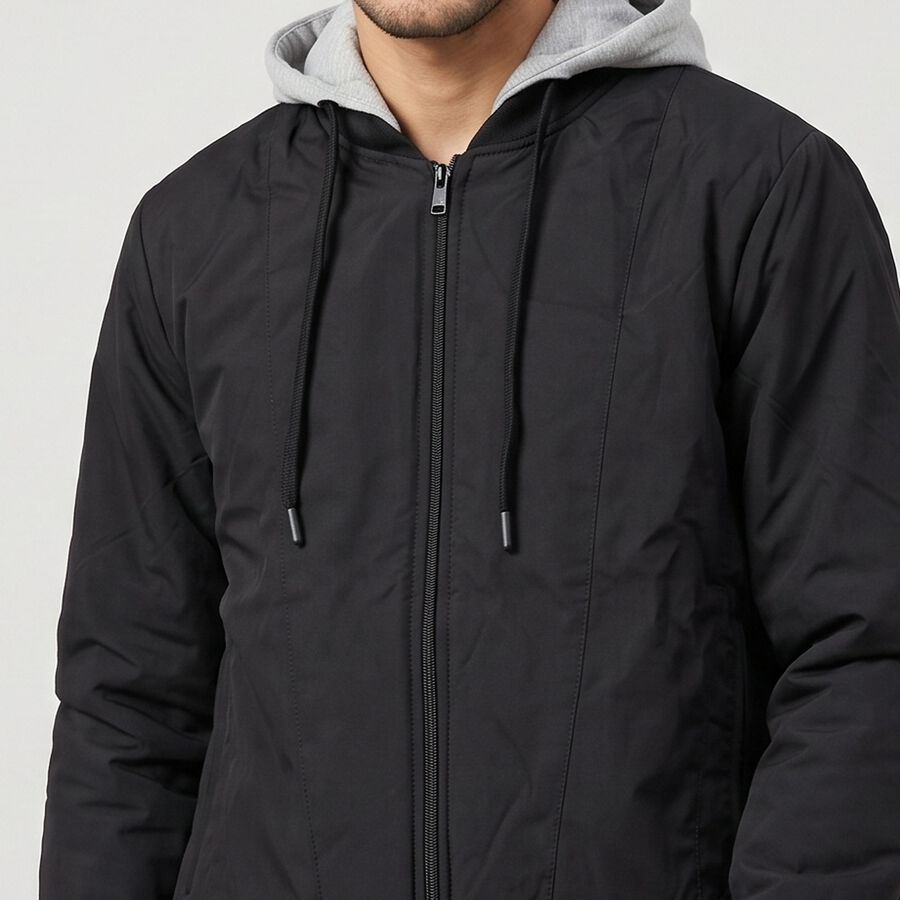 Men's Black Hooded Bomber Jacket, Black, large