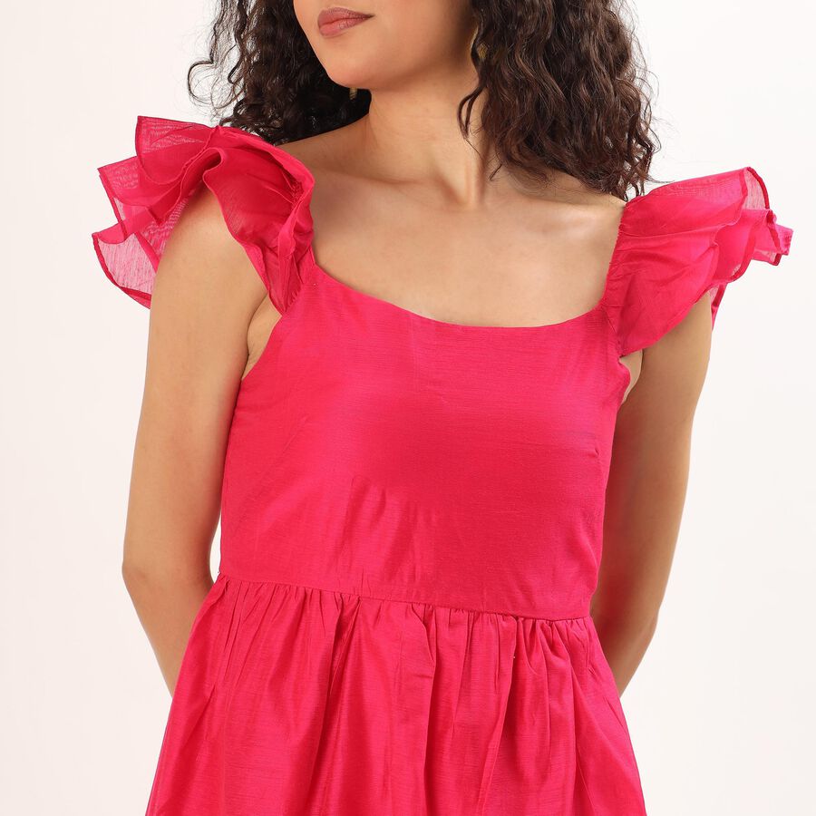 Women's Bright Pink Sleeveless Ruffle Midi Dress, Pink, large