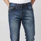 Men's Navy Blue Slim Fit Washed Jeans, गहरा नीला, small