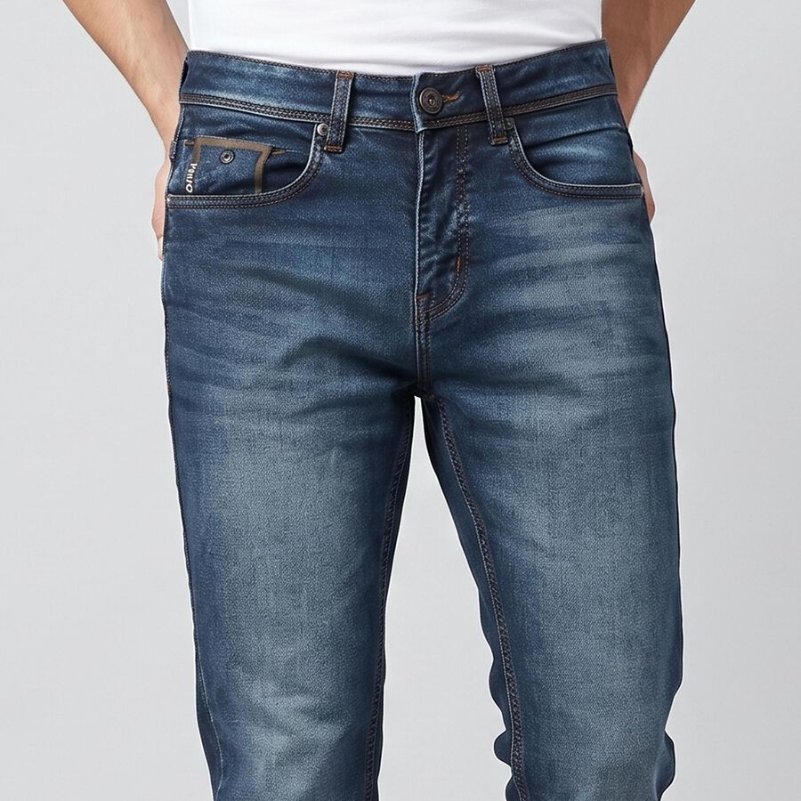 Men's Navy Blue Slim Fit Washed Jeans, गहरा नीला, large