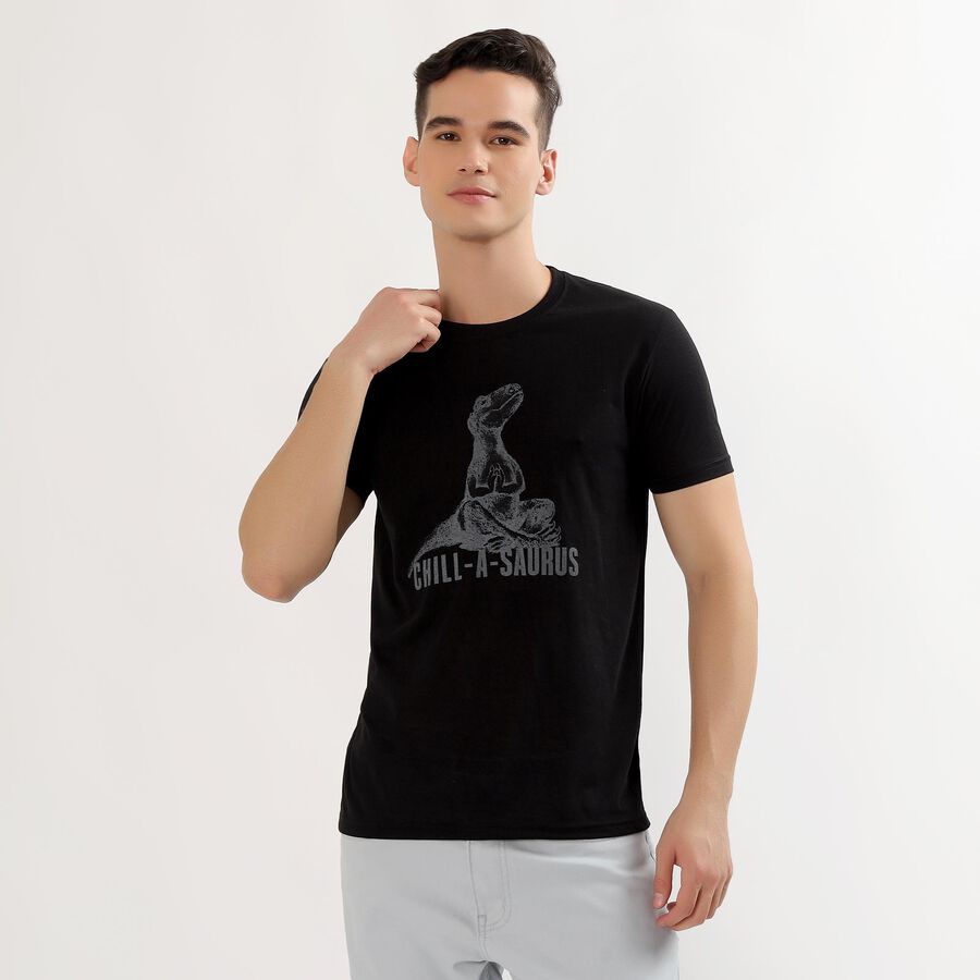 Men's Jet Black Round Neck Casual Graphic T-Shirt, Black, large image number null