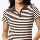 Women's Brown Polo Neck Striped Polo T-Shirt, भूरा, small