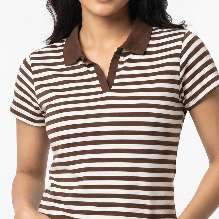 Women's Brown Polo Neck Striped Polo T-Shirt, भूरा, large
