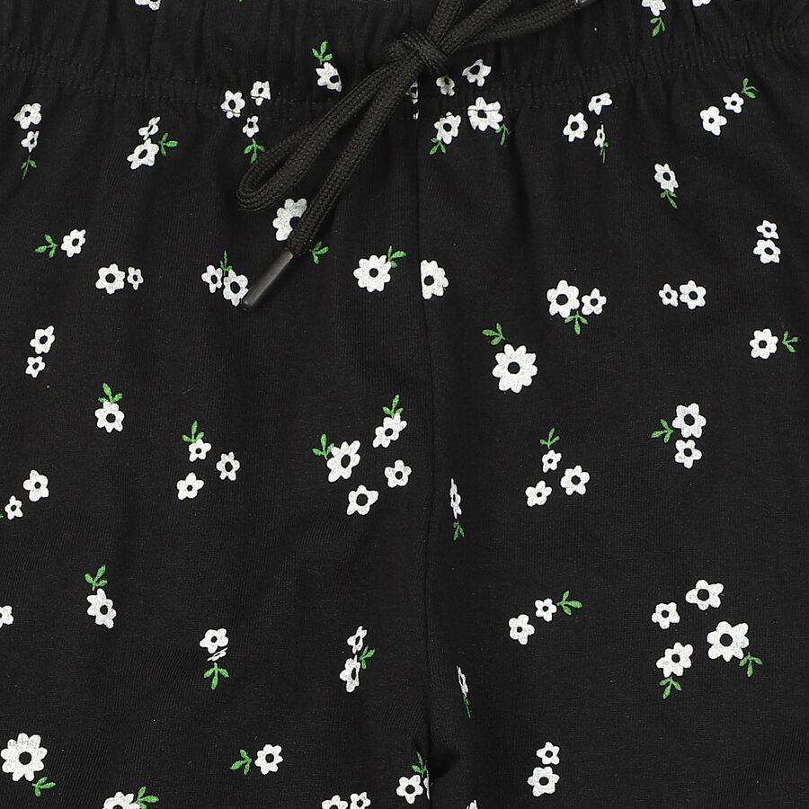 Girls' Black Jogger Floral Printed Cotton Blend Pyjama, Black, large