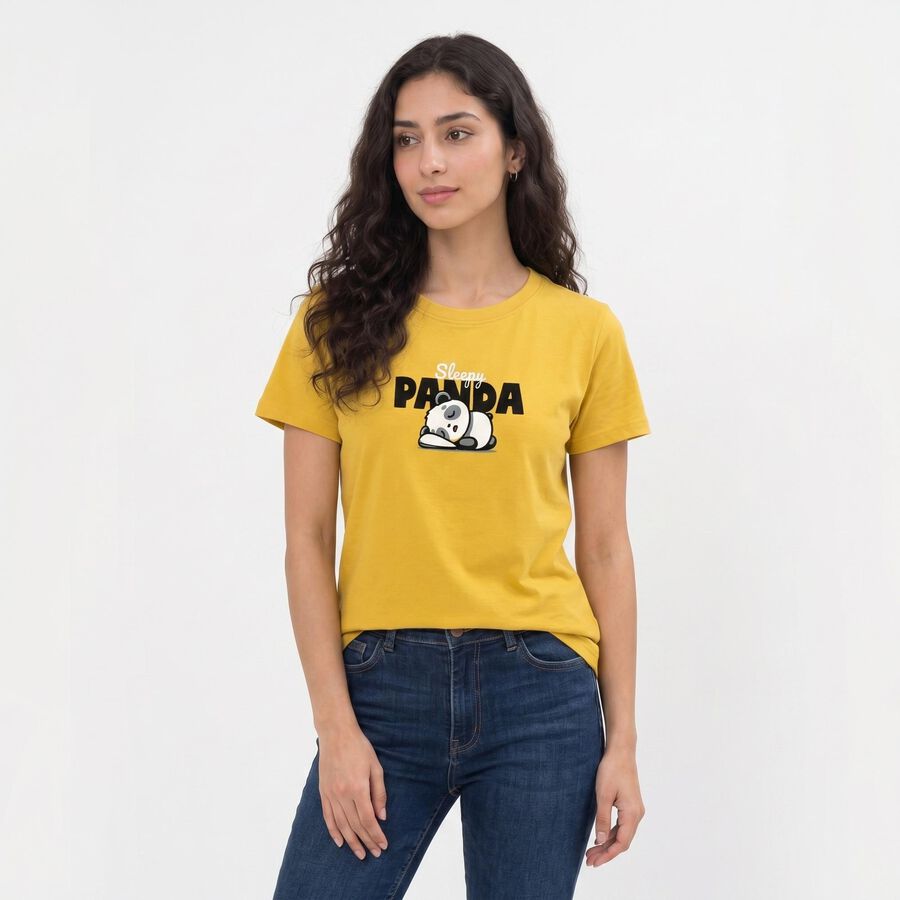 Women's Yellow Cotton Round Neck Regular T-Shirt, Yellow, large