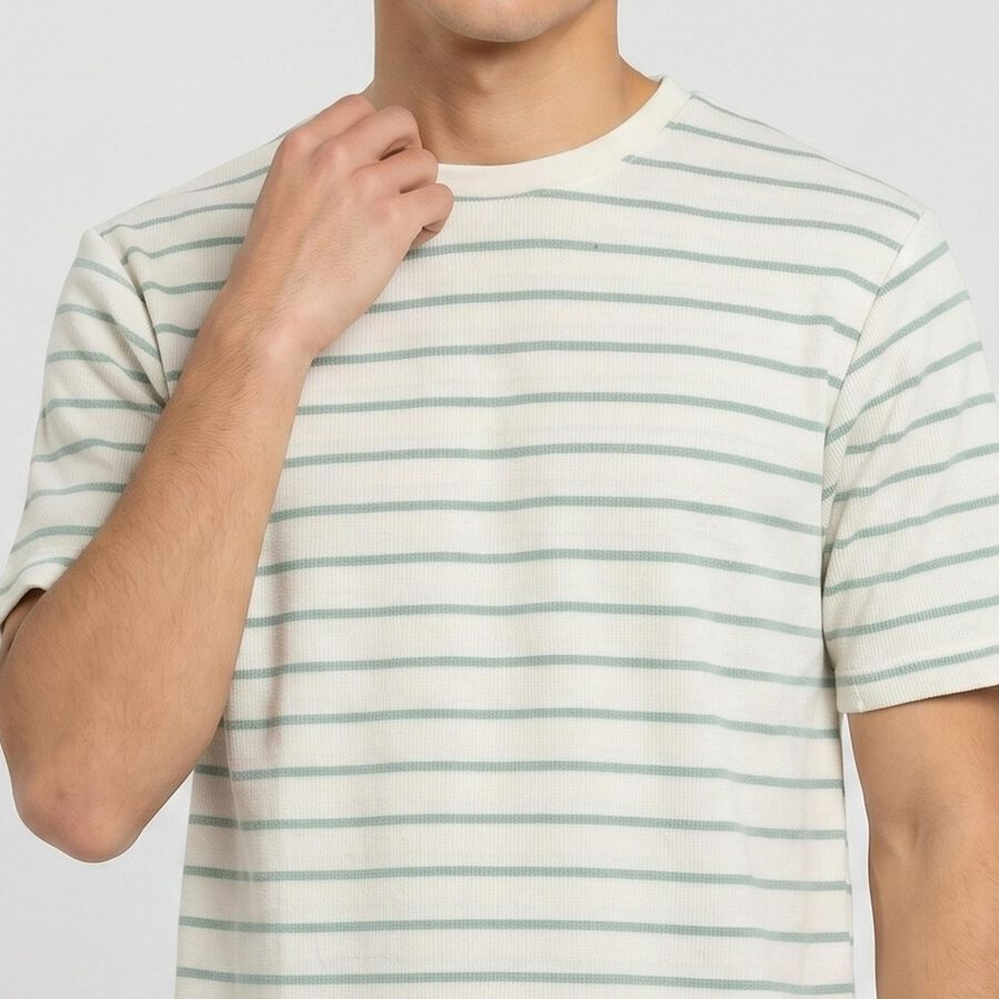 Men's Green Round Neck Regular Striped T-Shirt, हल्का हरा, large