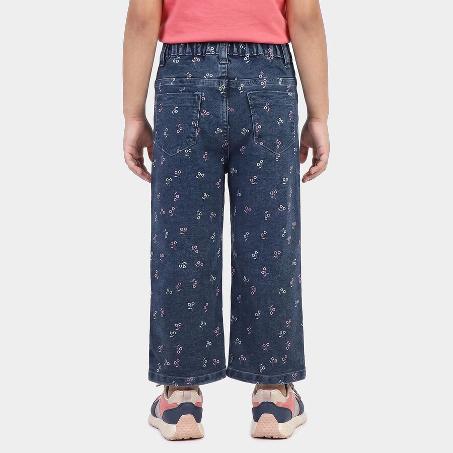 Girls' Navy Blue Straight Fit Printed Jeans, मध्यम नीला, large
