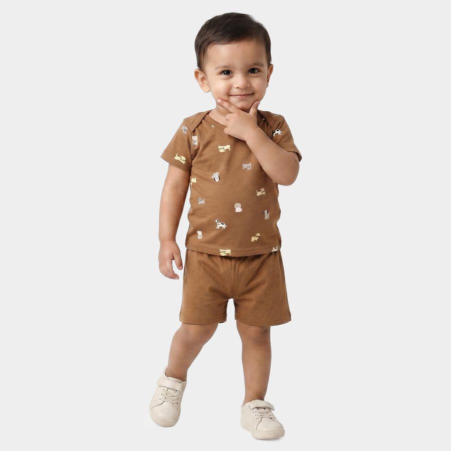 Infants' Brown Round Neck Graphic Print Baba Suit, Beige, large