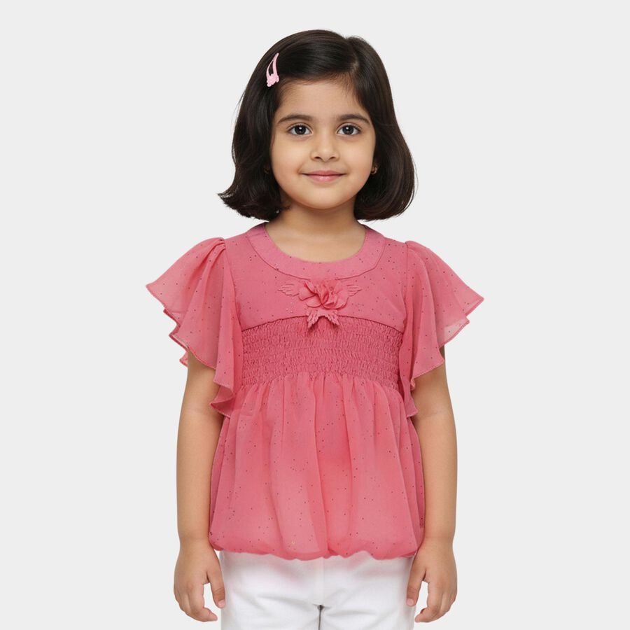 Girls' Pink Round Neck Romantic T-Shirt, Pink, large