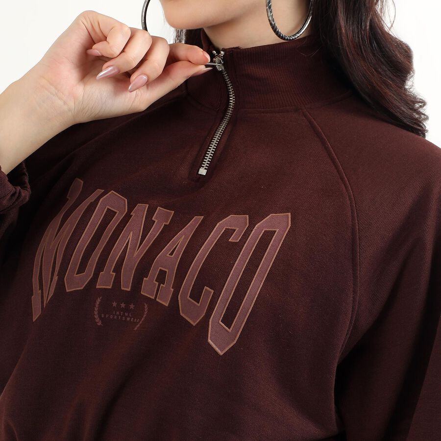 Women's Deep Brown High Neck Casual Sweatshirt, भूरा, large image number null