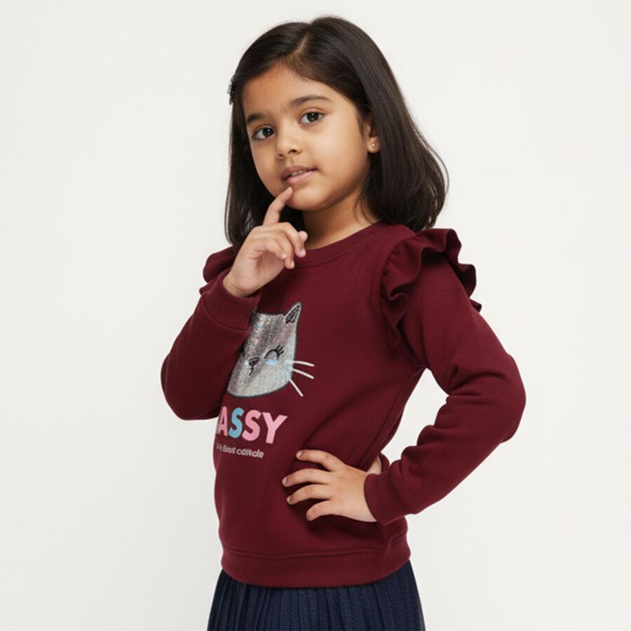 Girls' Deep Maroon Crew Neck Graphic Sweatshirt, Purple, large image number null