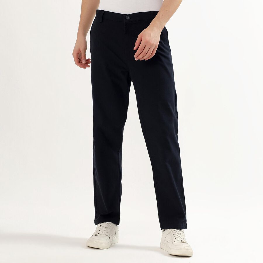 Men's Deep Navy Blue Slim Fit Flat-Front Casual Trousers, Navy Blue, large image number null
