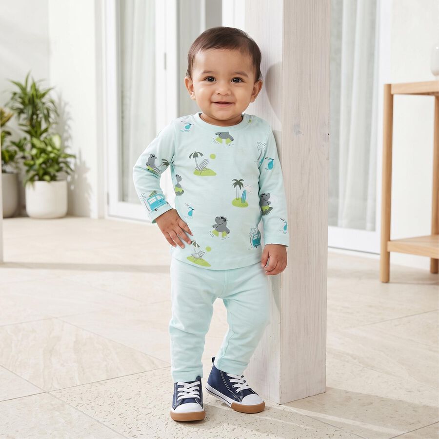 Infants' Aqua Cotton Round Neck Graphic Print Baba Suit, Aqua, large